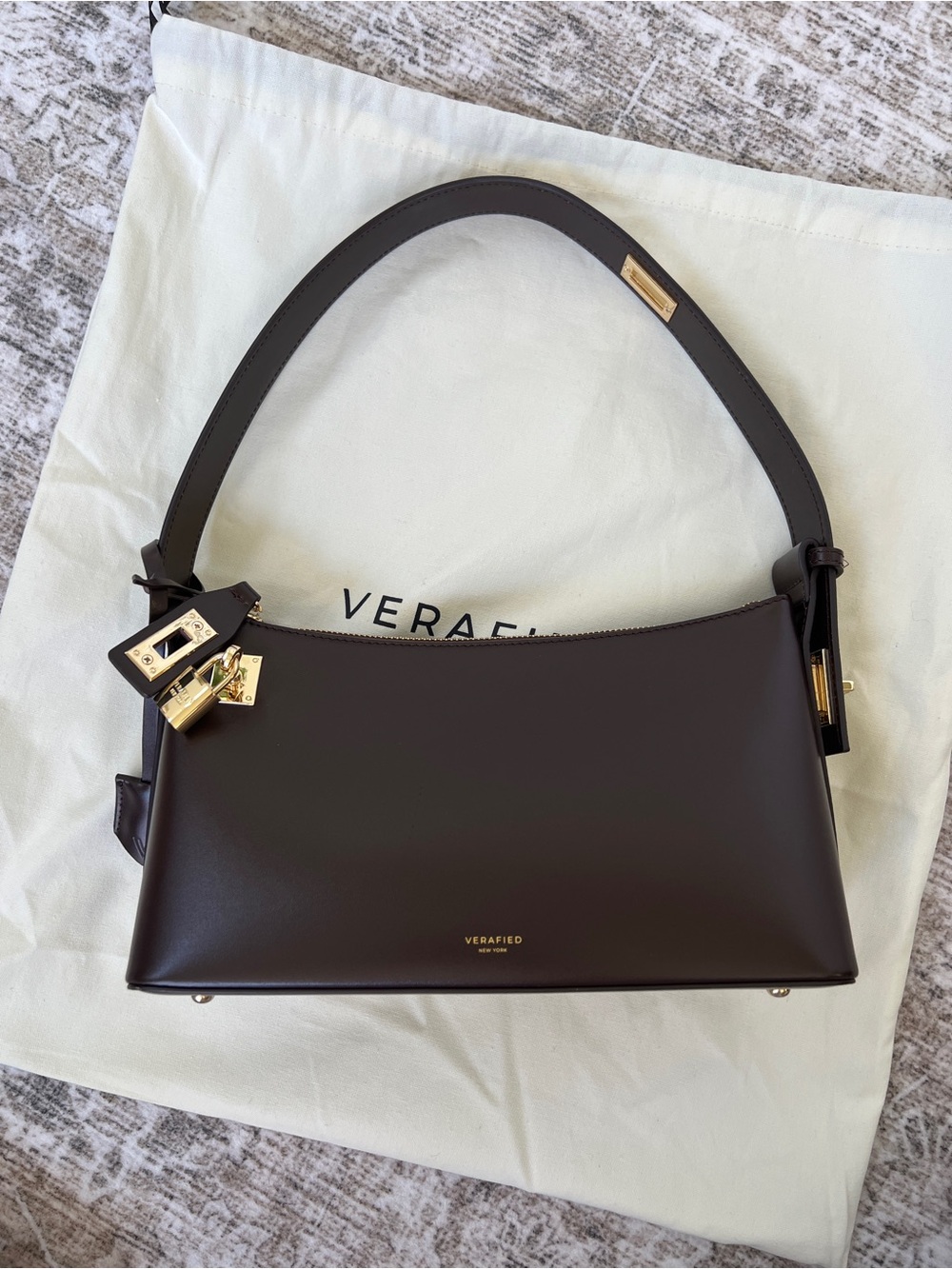 Verafied Dark Chocolate Brown Leather Shoulder Bag with Gold Hardware